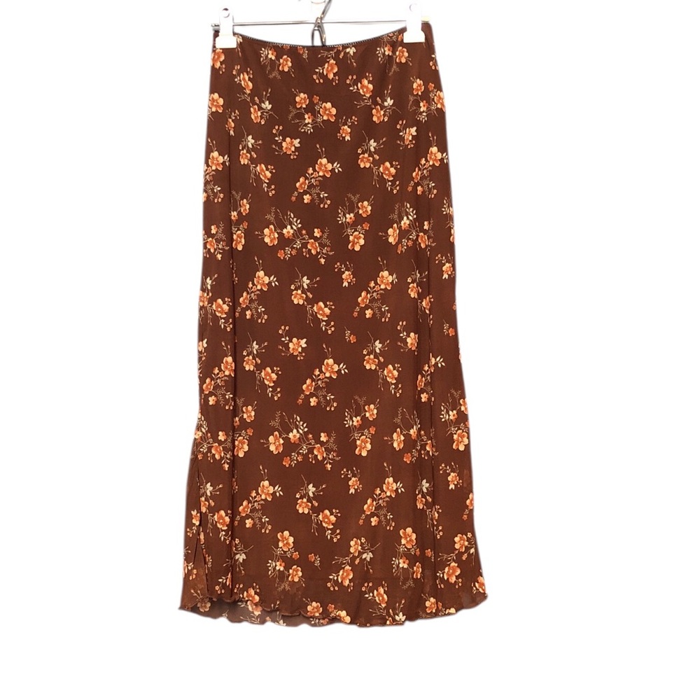 Trixxi mesh Brown Floral Maxi Midi Skirt Medium sheer lined fairy whimsy Y2K